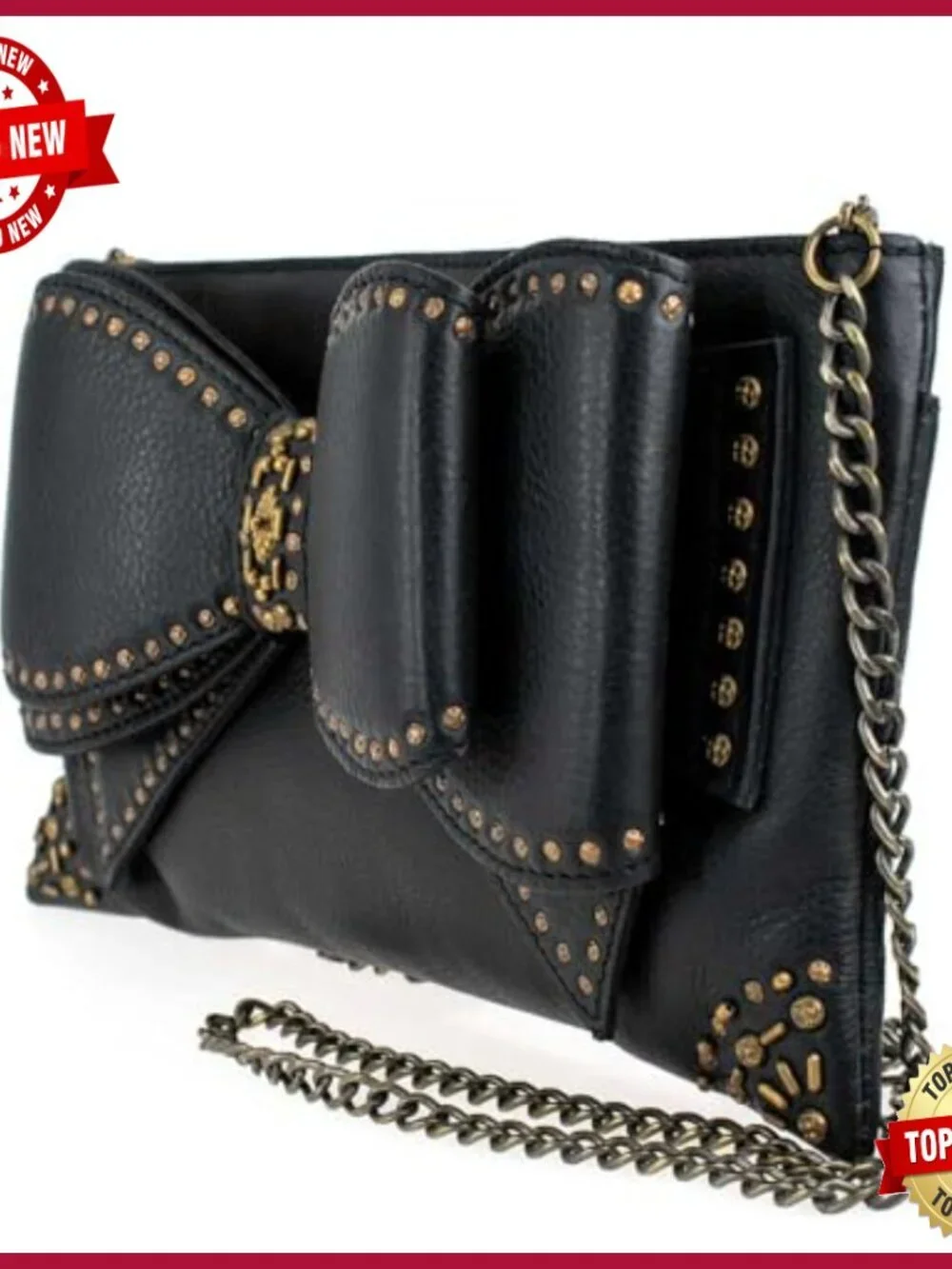 Studded Leather Bow Convertible Crossbody Clutch Novelty Purse
